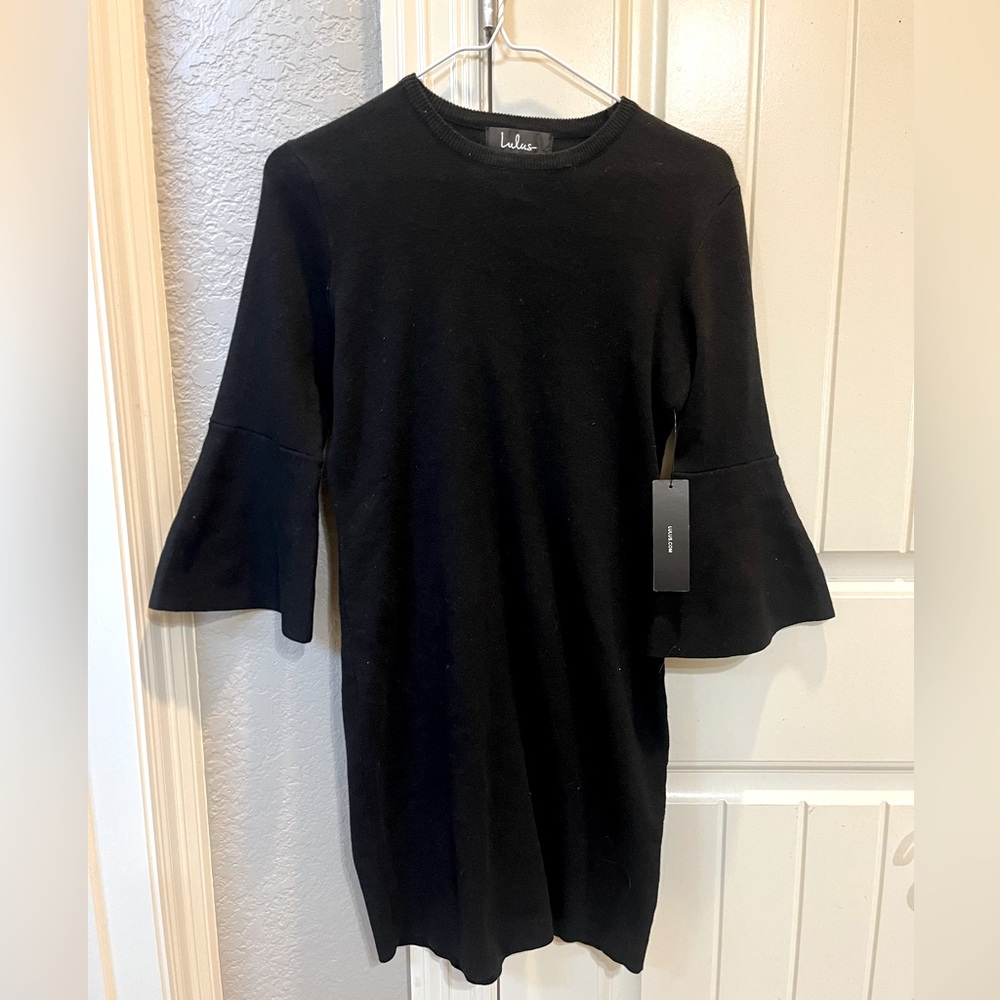 Lulus Never Stop Loving You Black Flounce Sleeve Body-con Sweater Dress